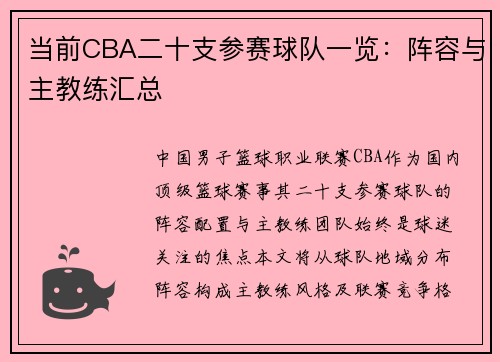 当前CBA二十支参赛球队一览：阵容与主教练汇总